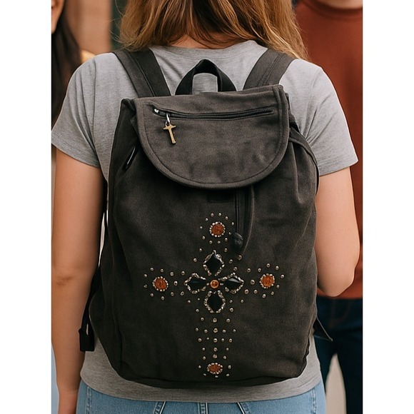 Claire's Handbags - Claire's Boho Rhinestone Cross Backpack Distressed Gray 15"